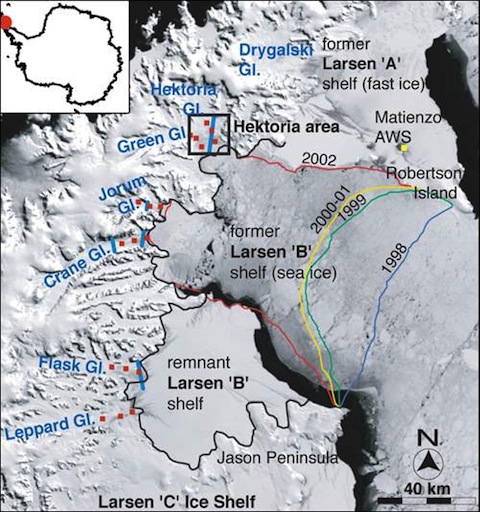Kart over Larsen-isbremmene og isbreene bak